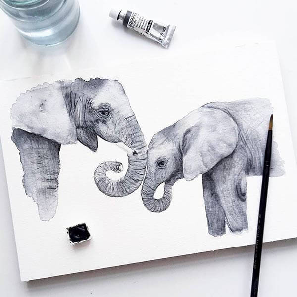 слоны акварелью
